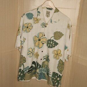 Montego Mon Silk Cream Tropical Floral Retro Hawaiian Shirt Large